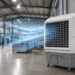 Climatizador de ar industrial branco e cinza em um armazém, emitindo um fluxo de ar visível em direção aos funcionários que caminham ao fundo.