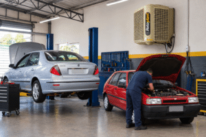 Mecânico trabalhando no motor de um carro vermelho em uma oficina, com um Fiat Marea prata suspenso em um elevador hidráulico ao fundo.